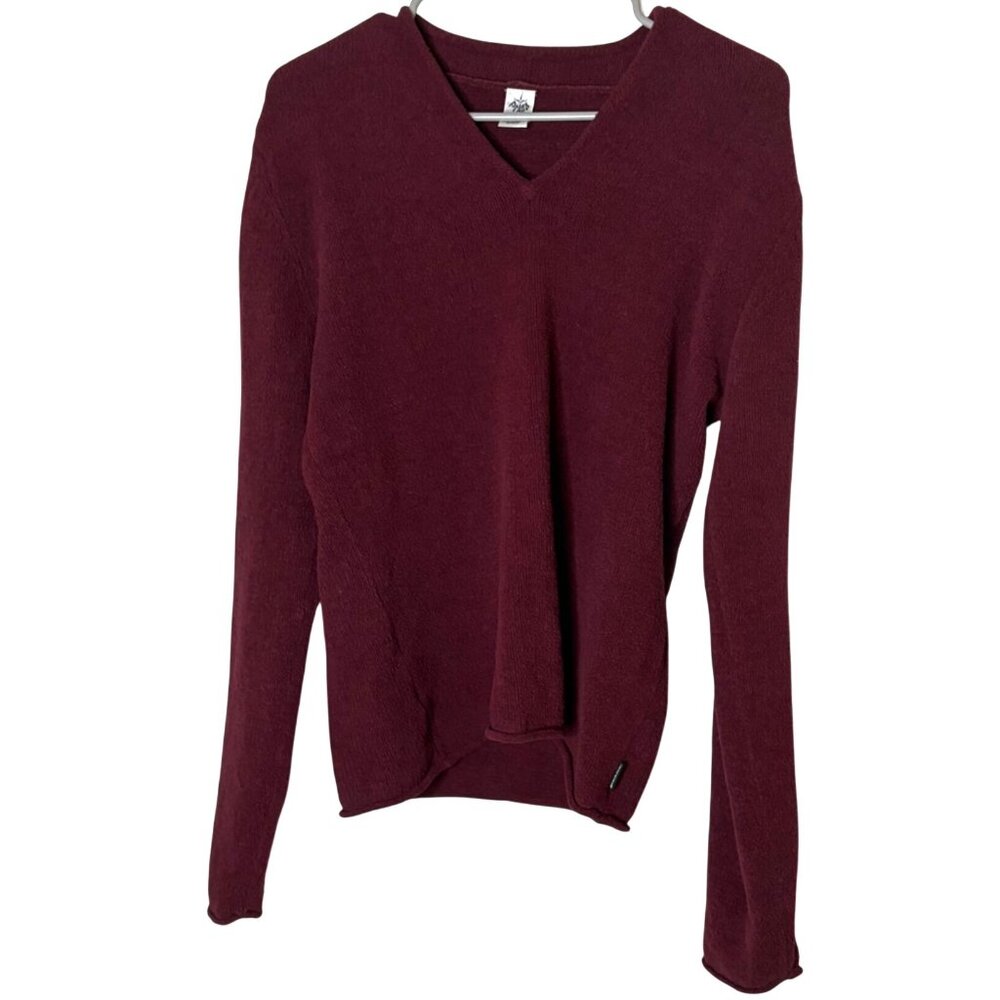 PrAna Burgundy Textured V Neck Pullover Sweater L Cozy Rolled Hem